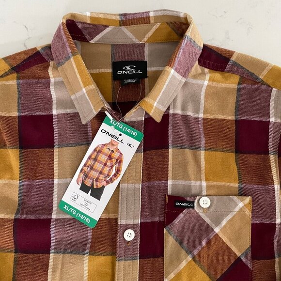 O'Neill Button Down LS 100% Cotton Check Shirt Burgundy Wht Tan Gold Sz S/M NWT - Picture 4 of 12
